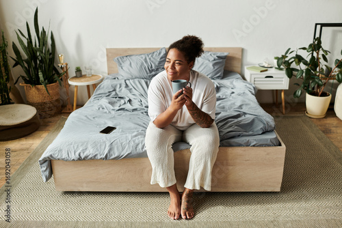 Bild auf Leinwand Waking up to a serene morning in a cozy modern apartment oasis
