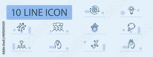 Creativity and idea set icon. Light bulbs, thought bubbles, brains, hands, speech, and artistic tools communicate concept generation, expression, and innovation themes