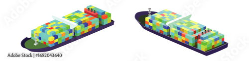 Two isometric container ships, multicolored containers, deck cranes, grid arrangement, left ship green foredeck, right ship dark deck, control towers and antennae illustration 2隻のアイソメトリック貨物船、複数色のコンテナ、