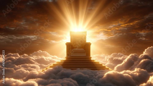 Golden throne glowing with radiant light atop majestic staircase, surrounded by heavenly clouds and dramatic sky, exuding divine, spiritual, and ethereal atmosphere with gold, glowing, and celestial