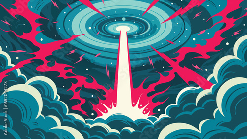 Space rocket launch into the sky. Vector illustration in cartoon style.