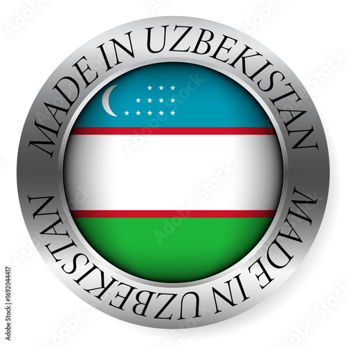 Made in Uzbekistan button icon. Circular emblem with metallic border, glossy central flag, and bilingual label indicating product origin and international manufacturing identity.