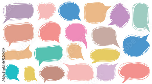 Speech bubbles hand drawn doodle set. Empty different forms for text. Dialog box bundle, colorful signs, vector elements