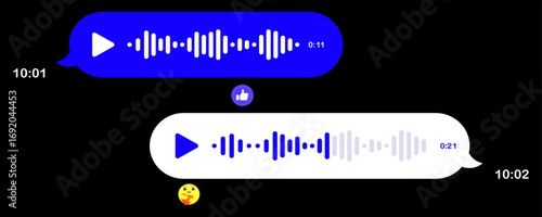 Voice chat icon. Audio messages in messenger, play button, waveform, chat bubbles, emoji reaction, like symbol, night interface, mobile screen, digital dialog, sound communication.