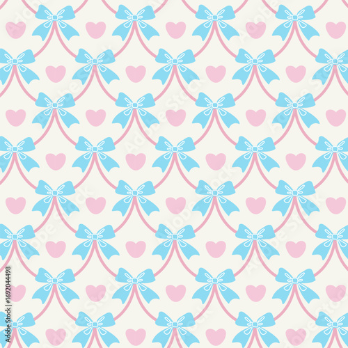 Seamless pattern with blue bow and pink heart. Cute decoration. Design element for Valentine's Day or baby shower.
