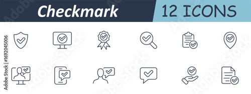 Checkmark set icon. Shield, screen, badge, magnifier, clipboard, pin, person, message box, hand, document each include outlined check symbol in confirmation context