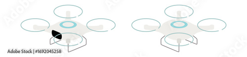 Top view of two identical quadcopter drones with rotor guards and landing gear, white body and blue central circle
上面から見た同一形状のクアッドコプター型ドローン二機、ローターガードと着陸脚付き、白色の機体と中央の青い円形部