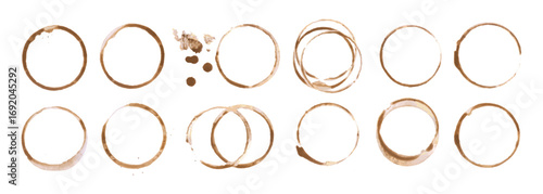 Coffee cup or tea stain drink ring vector illustration set isolated on white background. Coffee stain mark trace ring cup spot trace. Brown round splashes of drink collection.