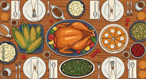 Overhead View of Traditional Thanksgiving Dinner Table with Roasted Turkey and Holiday Feast