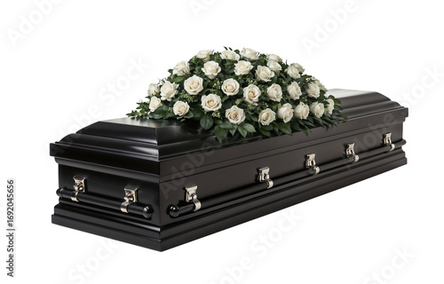 Black coffin with white roses arrangement isolated on a transparent background