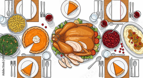 Top View of Traditional Thanksgiving Dinner Table with Sliced Turkey and Full Spread