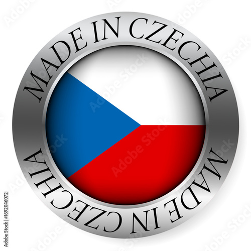 Made in Czech Republic button icon. Circular emblem with metallic border, glossy central flag, and bilingual label indicating product origin and international manufacturing identity.
