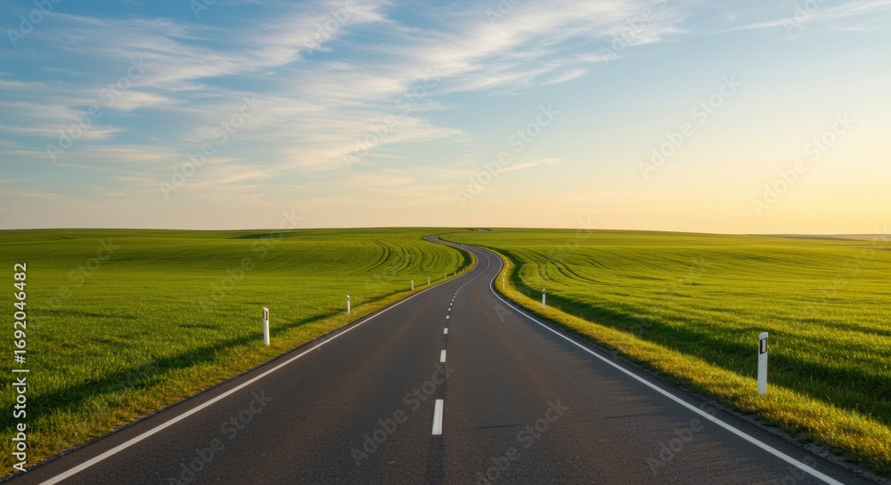 Fototapeta premium Winding Road Through Lush Green Fields at Sunset