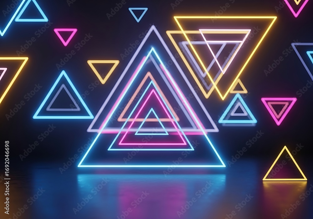 Naklejka premium Vibrant neon triangles abstract background illuminating modern display of geometrical shapes and patterns