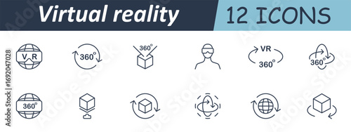 Virtual reality set icon. Line headsets, 360-degree arrows, rotating cubes, spheres, globes, human figure with headset, and motion indicators in digital environment