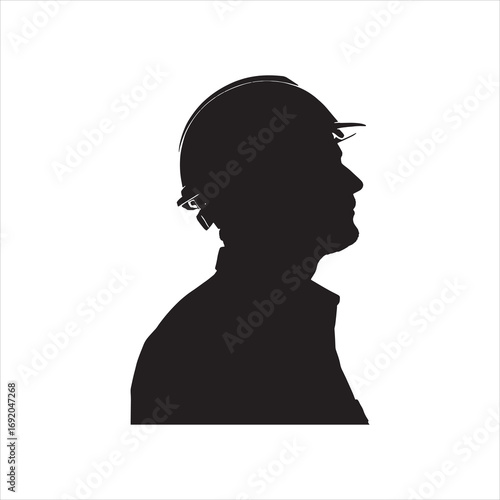  male construction worker with tool belt holding plans silhouette isolated on white background