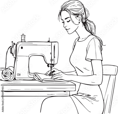 Black and white vector of woman sewing at machine with fabric roll perfect for craft, fashion, and textile design illustrations