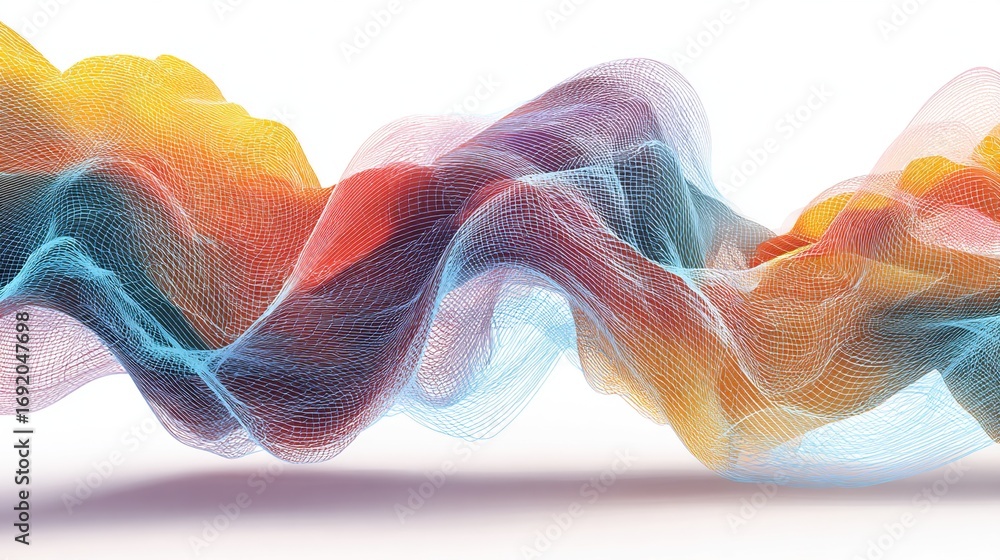 Fototapeta premium Abstract, colorful, flowing, mesh-like forms against a plain white background