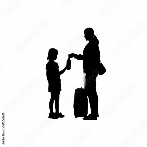 Silhouette of a girl offering a water bottle to a traveler with luggage isolated on white background