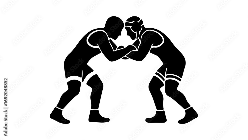 Naklejka premium Black silhouette vector illustration of two wrestlers grappling.