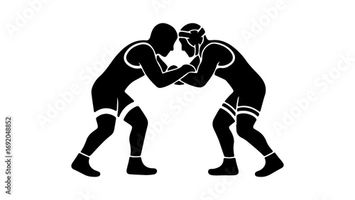 Black silhouette vector illustration of two wrestlers grappling.