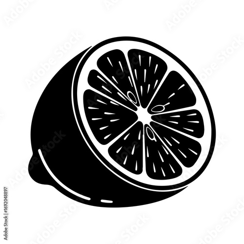 Bold black and white graphic illustration of a halved lemon.