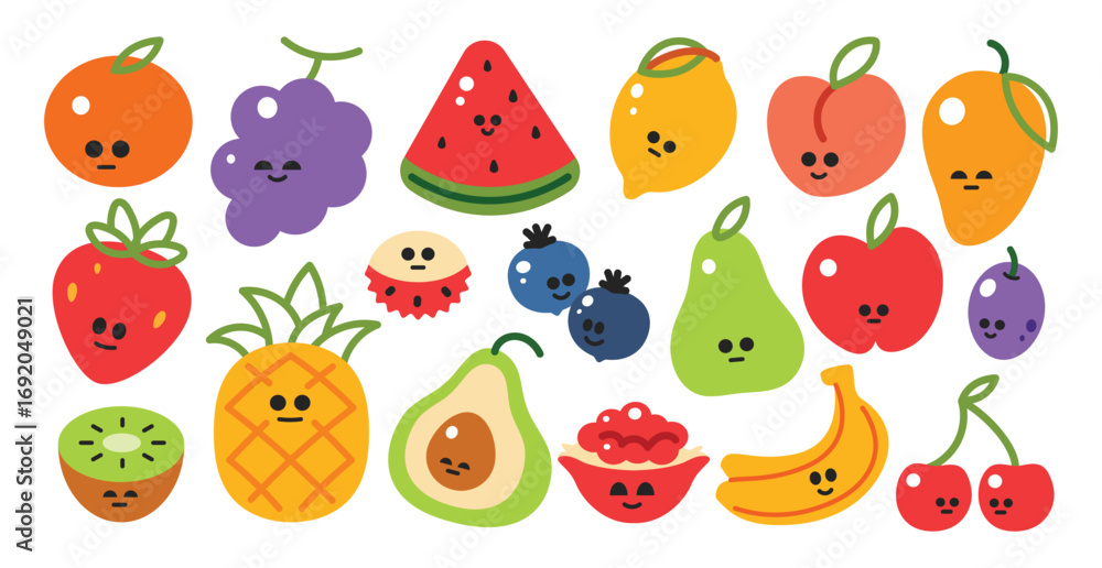 Obraz premium Tropical fruits in cute face cartoon art design. Watermelon, grape, lemon, orange, apple, banana, cherry. 
