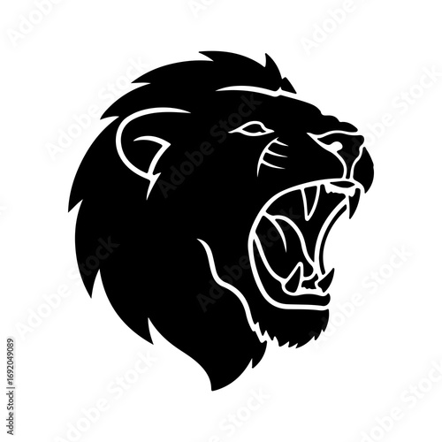 Fierce roaring lion head black silhouette icon.