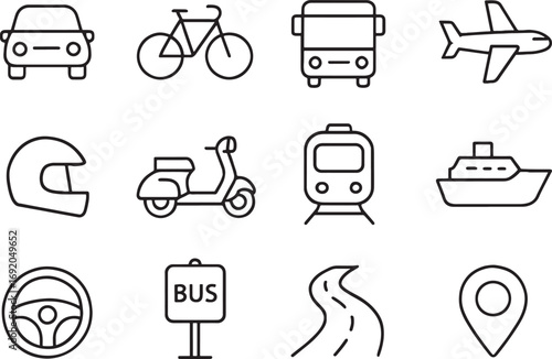 Transportation icons line art car bicycle bus airplane scooter train ship vector illustration