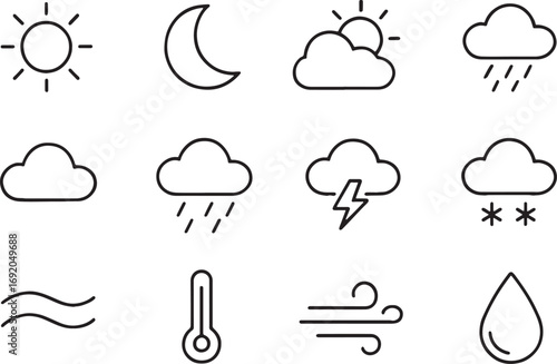 Weather forecast icons line art sun moon clouds rain snow thermometer vector illustration