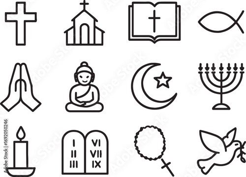 Religious Symbols Icons Set Line Art on White Background religion cross