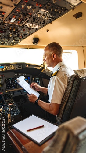 Pilot reviewing documents in cockpit