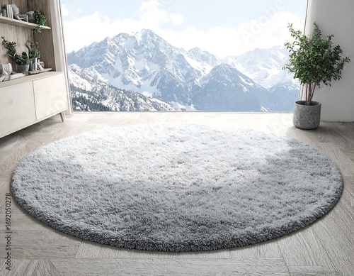 Round grey shaggy rug, mountain view
