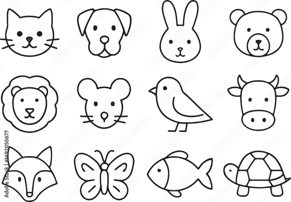 Fototapeta premium Cute Hand- Drawn Outline Icons of Various Animals rabbit bear