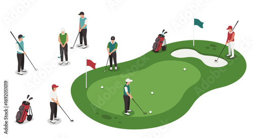 Isometric golf game scene with players and equipment on course