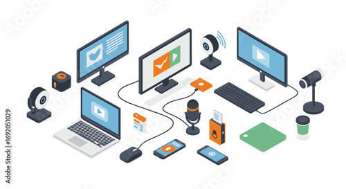 Modern isometric home office setup for digital content creation