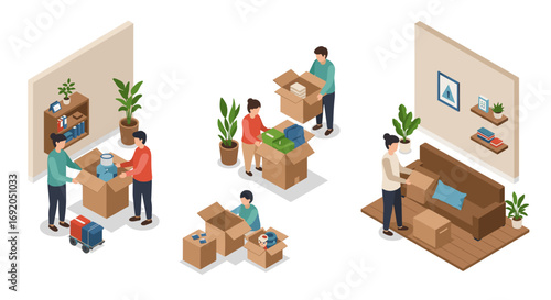 Family moving day activities with packed boxes in isometric style