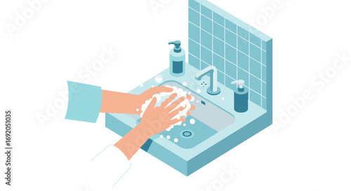 Isometric handwashing scene with soap and bubbles in bathroom setting