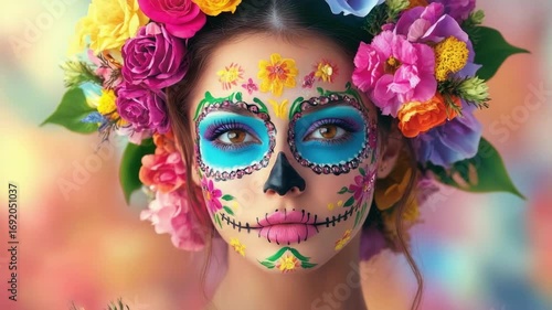 Young hispanic woman with colorful day of the dead face paint and floral headdress. Cinco de Mayo, Battle of Puebla Day, Mexican Heritage Festival - Latin American Cultural Celebration