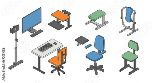 Isometric office furniture set with ergonomic chairs and adjustable desks