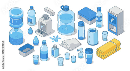 Isometric blue water dispenser and bottles set with accessories