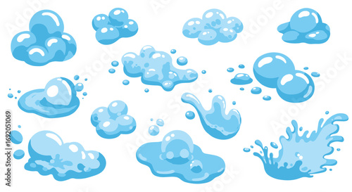 Glossy blue water puddle and splash collection for creative designs