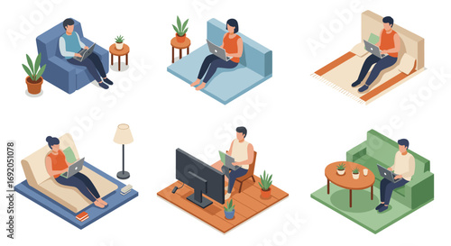 Remote work scene with people using laptops at home in cozy settings