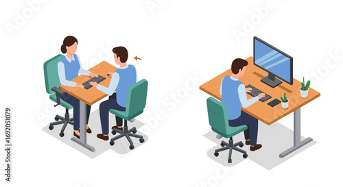 Isometric office scenes: team meeting and solo work at desk