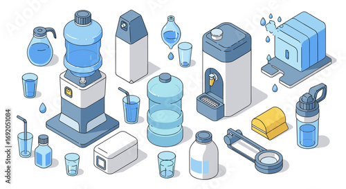 Isometric water dispensers and containers with various accessories