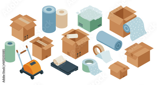 Isometric packaging and delivery supplies with boxes and accessories