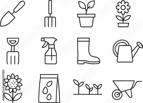 Gardening tools and plants icons set with trowel rake pot flower vector illustration