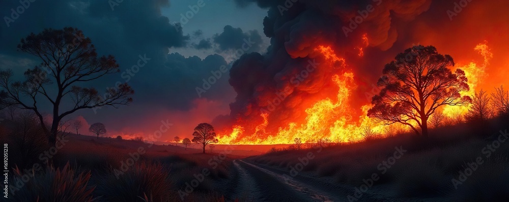 Fototapeta premium Fiery inferno raging in the night, engulfing dry brush and trees, casting an ominous orange glow Perfect for illustrating disaster, destruction, or the power of nature , scary, darkness, inferno