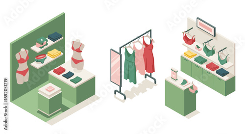 Isometric fashion store display with mannequins and clothing racks