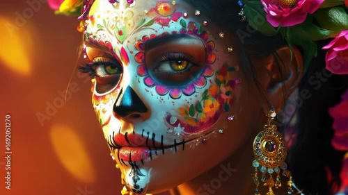 Young hispanic woman with colorful dia de los muertos makeup and floral headpiece. Cinco de Mayo, Battle of Puebla Day, Mexican Heritage Festival - Latin American Cultural Celebration